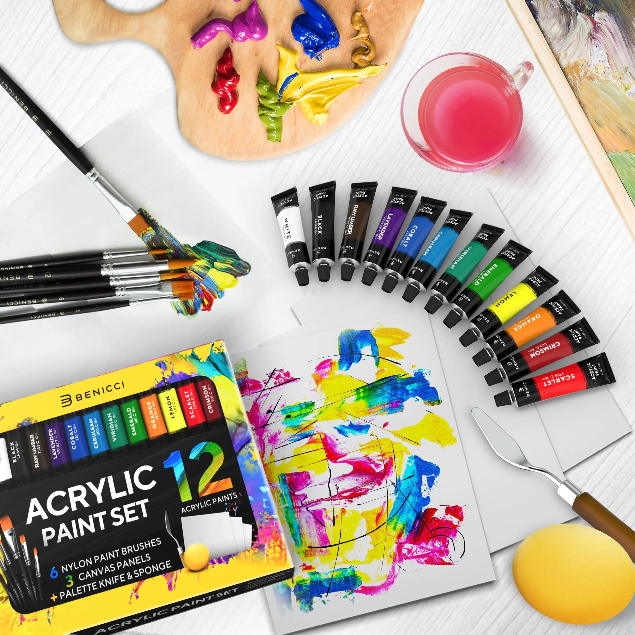 ColorSplash Acrylic Paint Set - 12 Vivid Colors with Brushes & Canvases Vivareflex Online