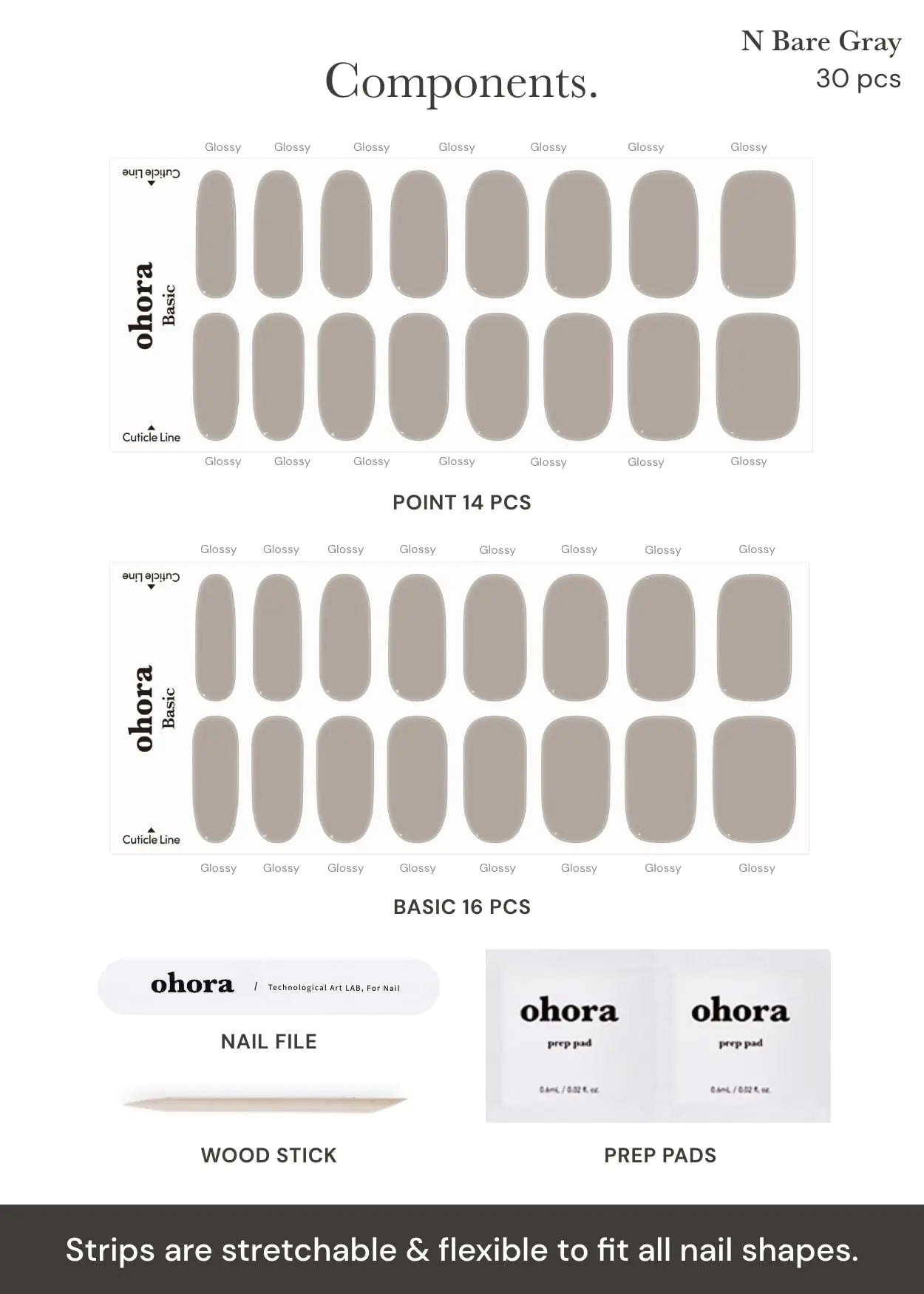 Tiras de gel semicuradas para uñas ohora (N Bare Gray): funcionan con cualquier lámpara de uñas, calidad de salón, duraderas, fáciles de aplicar y quitar; incluye 2 almohadillas de preparación, lima de uñas y palito de madera 19. N Bare Gray 