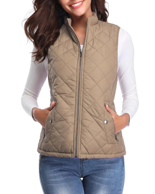 Fuinloth Women's Quilted Vest, Stand Collar Lightweight Zip Padded Gilet Small Khaki - Vivareflex Online