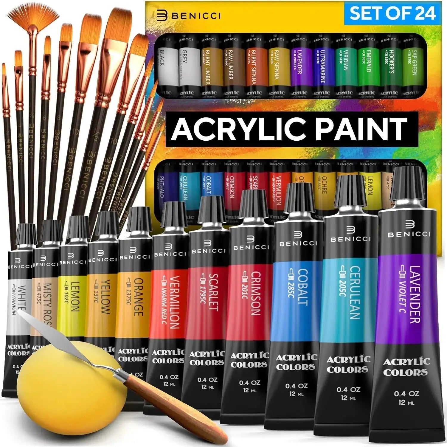 Deluxe Artistry Acrylic Paint Kit - 24 Vivid Colors & 12 Brushes with Extras Vivareflex Online