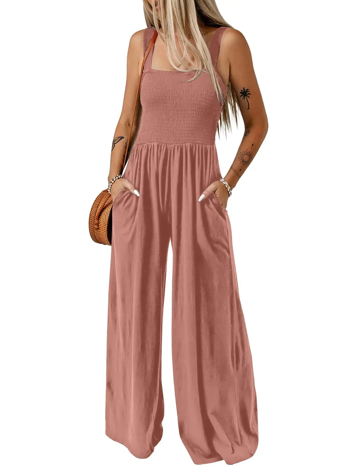Dokotoo Women's Casual Loose Overalls Jumpsuits One Piece Sleeveless Wide Leg Long Pant Rompers With Pockets X-Small Rose Pink - Vivareflex Online