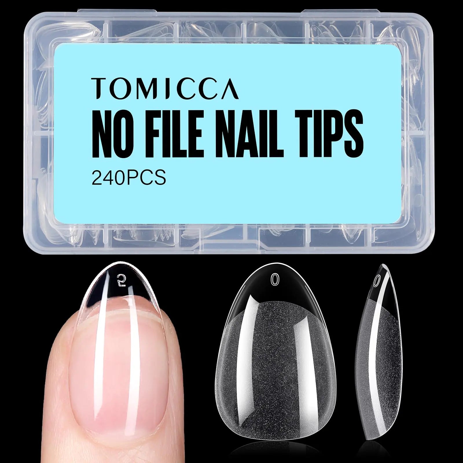 TOMICCA Puntas de uñas cortas de almendra, 240 piezas de puntas de uñas de gel suave semimate, 12 tamaños de uñas acrílicas preformadas, uñas postizas de cobertura completa para extensión de uñas 