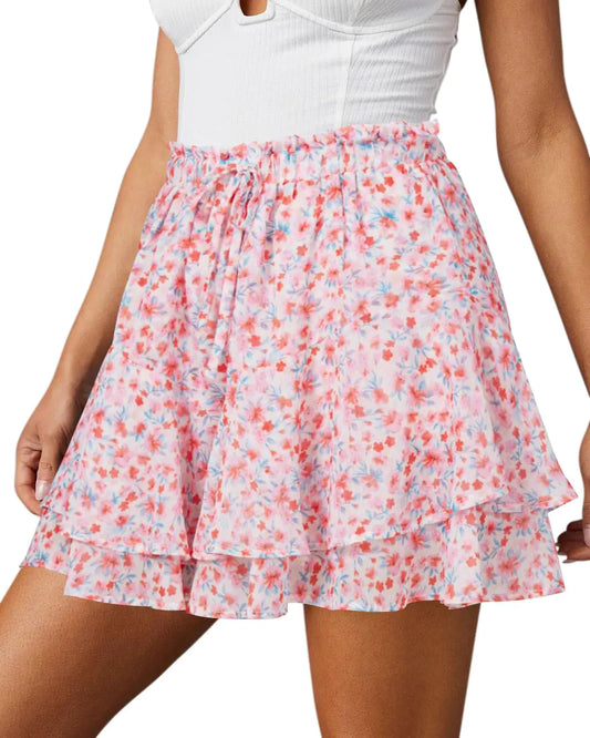 Flowy Shorts for Women Casual Boho Floral Skorts Ruffle Mini Skirts