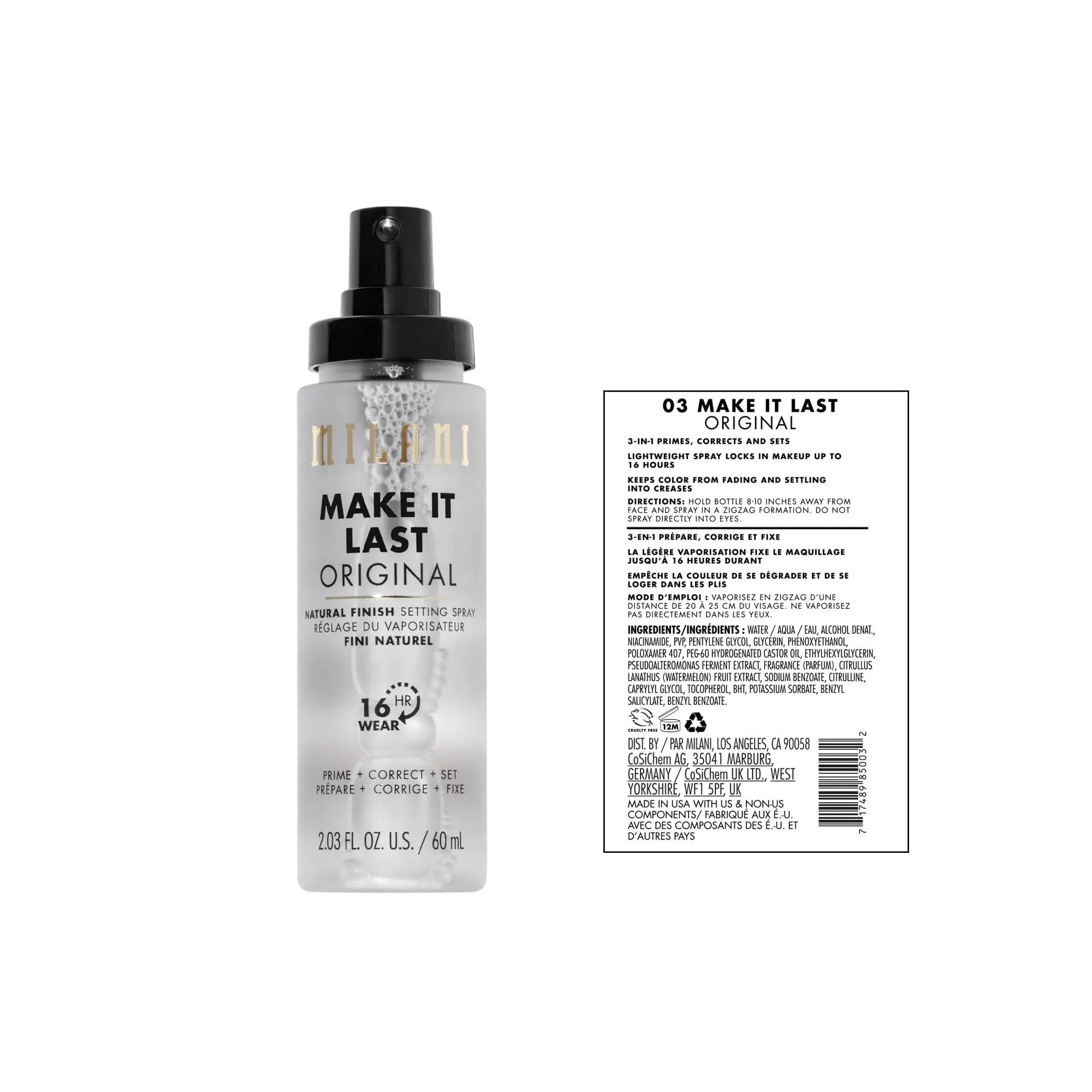 Milani Make It Last Original - Spray fijador de acabado natural Spray fijador y base 3 en 1: Prime + Correct + Set Spray y base de acabado de maquillaje - Spray y base de maquillaje de larga duración 2.03 Fl. Oz 