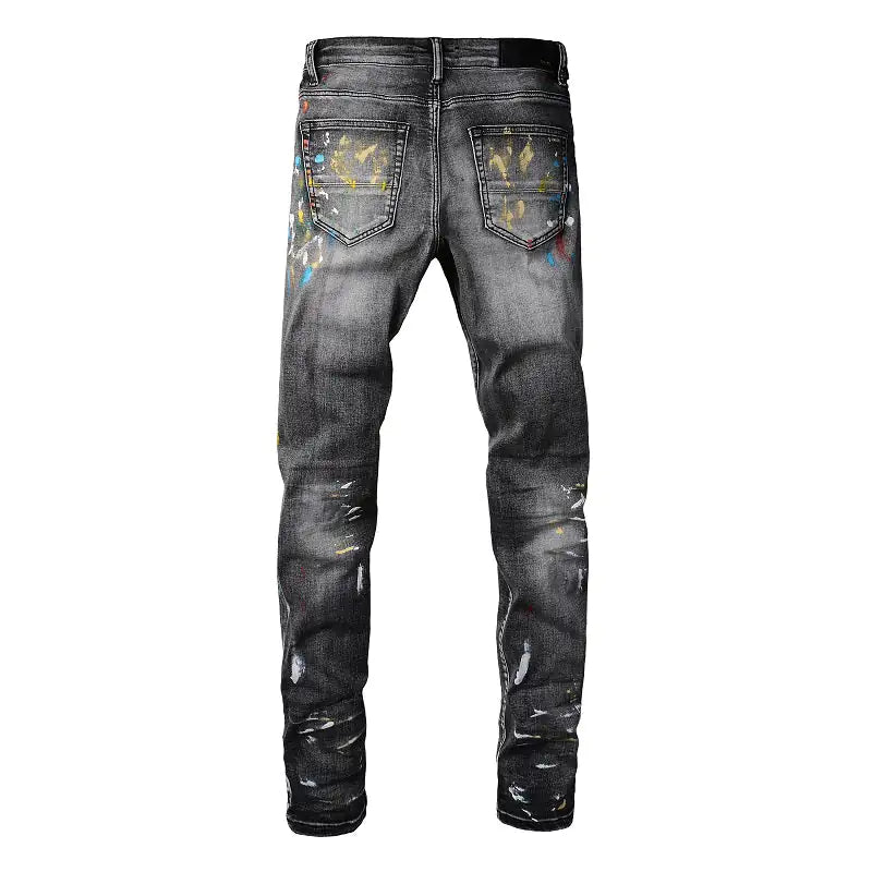 Men Speckle Ink Printed Vintage Pleated Ripped Jeans Vivareflex Online