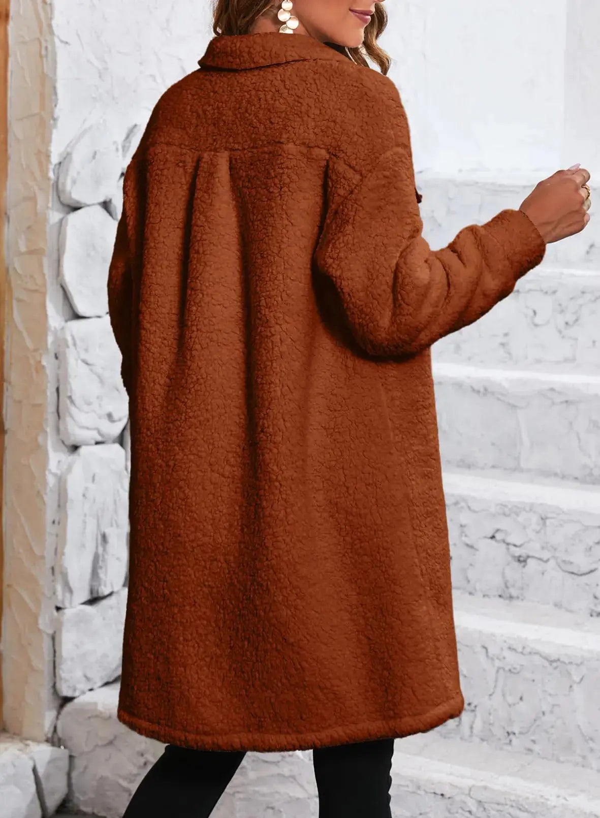 Women Fashion Long Sleeve Lapel Button Down Long Teddy Coat_Vivareflex Online