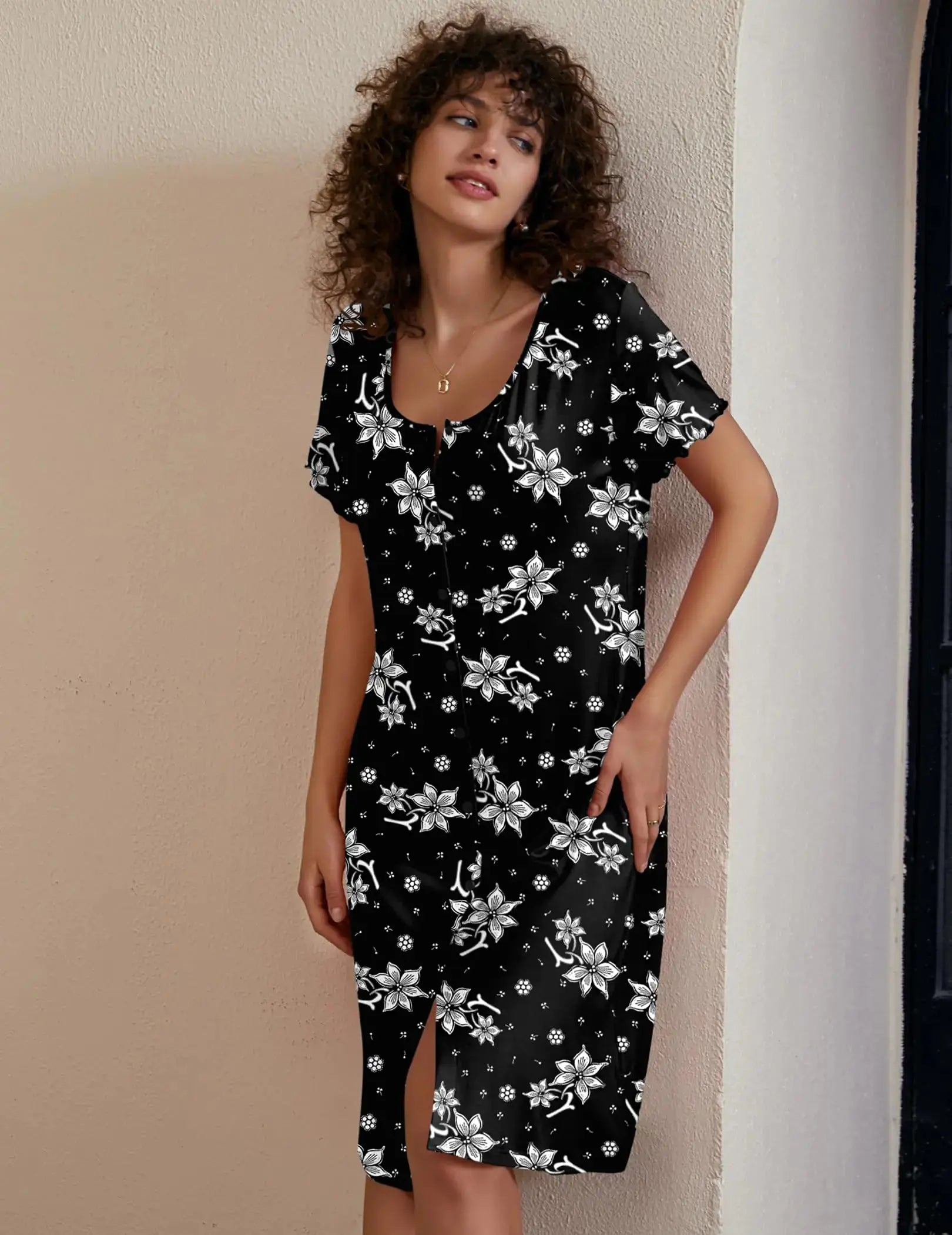 Ekouaer Women's Nightshirt Short Sleeve Button Down Nightgown V-Neck Sleepwear Pajama Dress White Flowers Small - Vivareflex Online