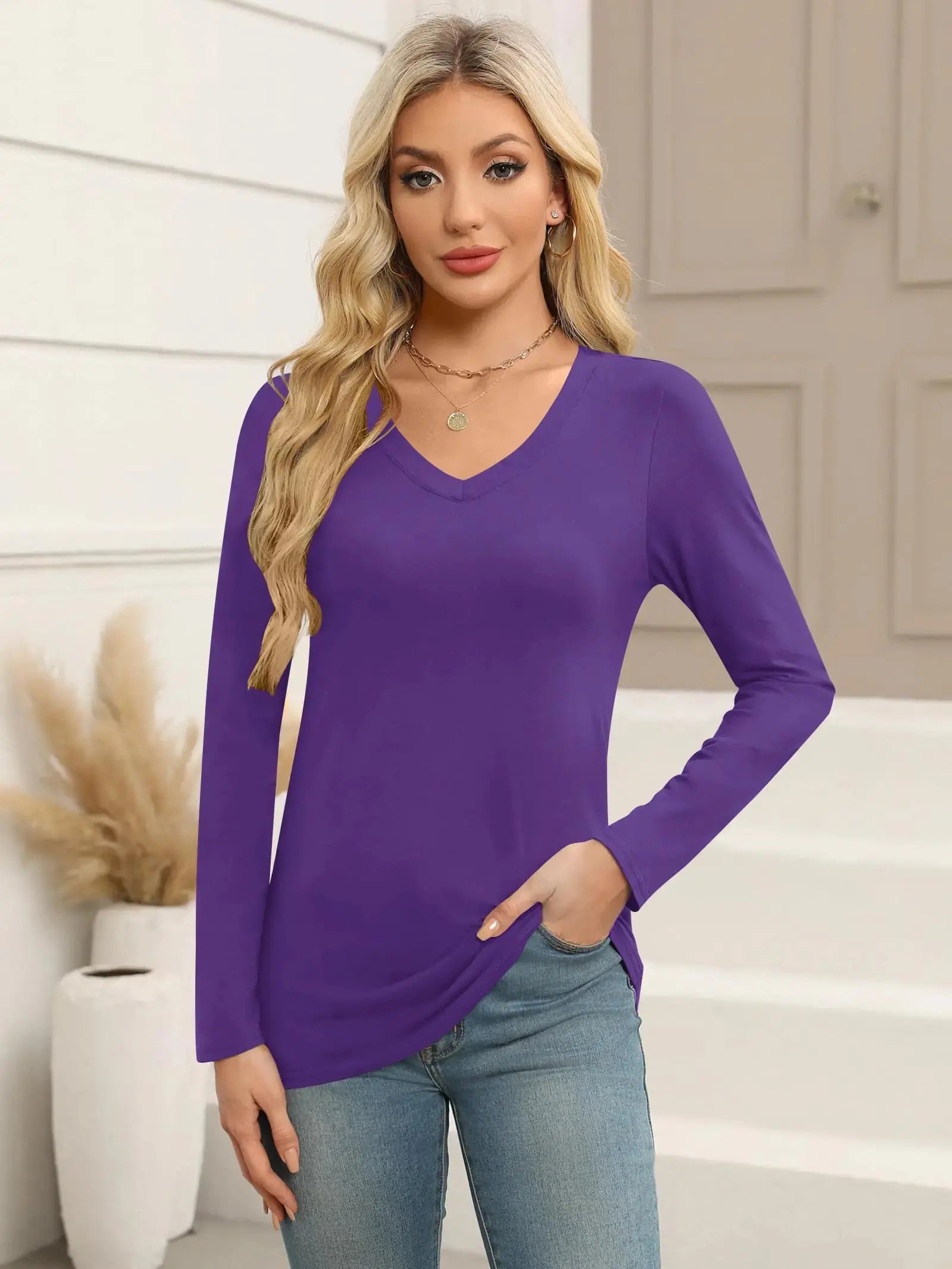 Elesomo Women Shirts V Neck Short/Long Sleeve Cotton Tops T-Shirt Basic Tees Large A:purple - Vivareflex Online