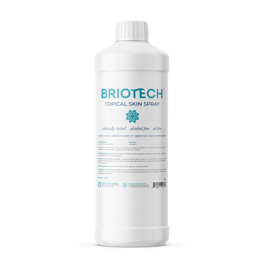 BRIOTECH Topical Skin Spray – Hypochlorous Acid for Face & Body, Eyelid Cleanser, Foot & Scalp Relief, 1 Liter Refill (33.8 Fl Oz)