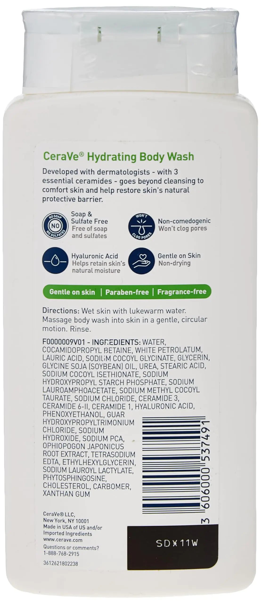 Gel de baño CeraVe para piel seca | Gel de baño hidratante con ácido hialurónico y ceramidas | Sin parabenos, sulfatos ni fragancias | 10 onzas 