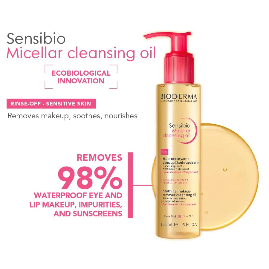 Aceite limpiador micelar Sensibio de Bioderma, el primer limpiador con aceite micelar ecobiológico que limpia profundamente, suaviza y nutre la piel con una textura de aceite a leche, sin fragancia y suave para la piel. 