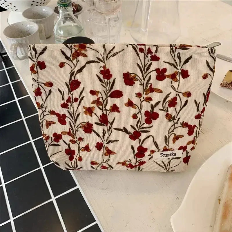 Fashion Retro Flowers Print Cosmetic Bag Canvas Washing Bag Large Capacity Women Travel Cosmetic Pouch Make Up Storage Bags Ultimate Bag Store