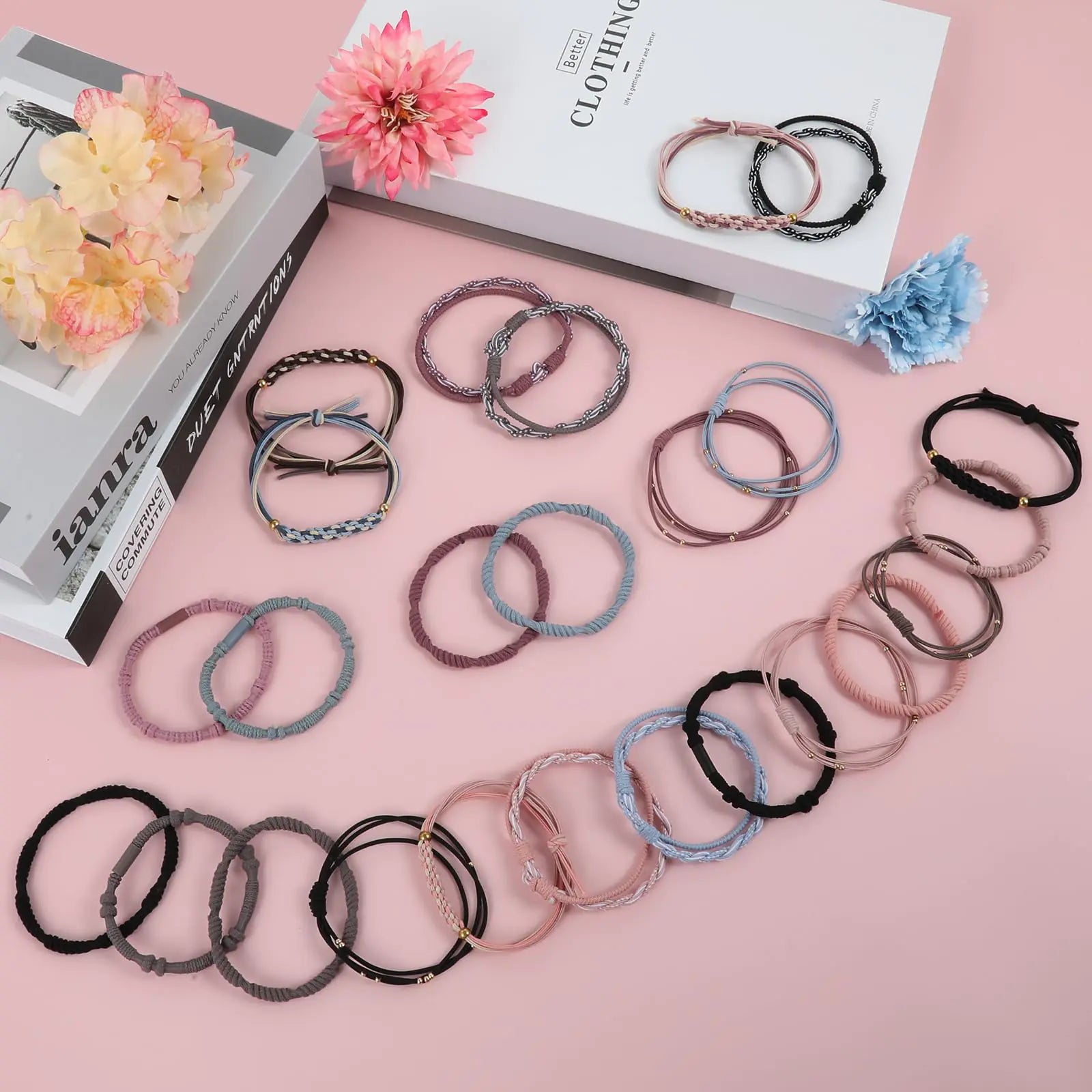 Accessoires pour cheveux, 25 pièces de 5 styles de bracelets élastiques pour cheveux bohèmes avec perles - Bandes élastiques mignonnes pour cheveux épais ou fins, sans dommages, rose pour filles et femmes D-BOHO