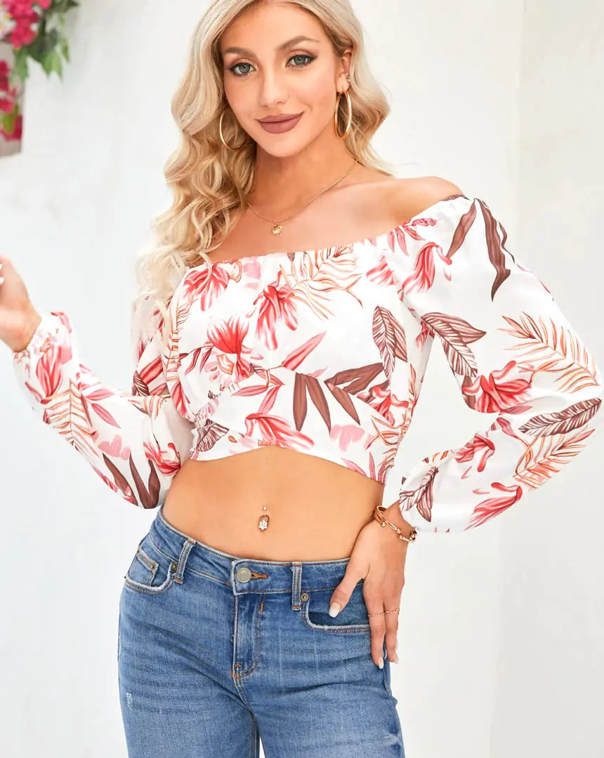 MIRACMODA Woman Off Shoulder Ruched Tie Back Crop Top Summer Lantern Sleeve Boho Shirt Blouse Large Leaves - Vivareflex Online