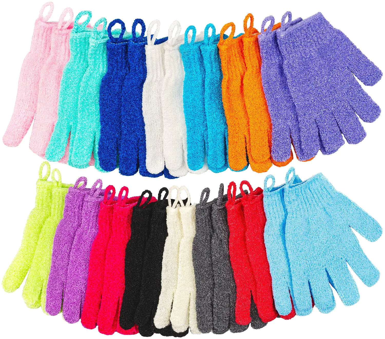 30 Pcs Exfoliating Gloves for Shower, 15 Colors Body Exfoliator Glove with Hanging Loop, Scrub Exfoliate Glove Mitt Bath Face Spa Hand Scrubber