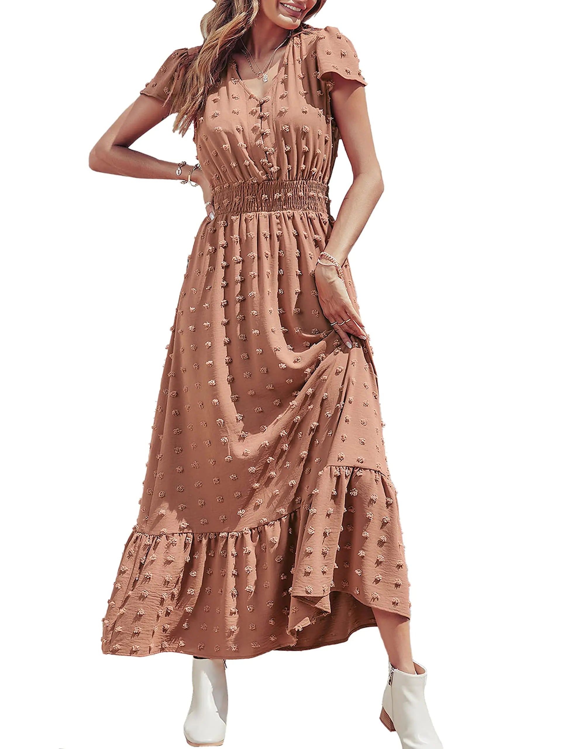 PRETTYGARDEN Women’s Boho Maxi Dress – Swiss Dot Ruffle Tiered Smocked Cocktail Dress - Vivareflex Online