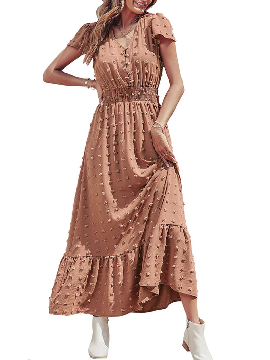 PRETTYGARDEN Robe longue à volants et manches courtes pour femme 2024 Boho Col en V à pois suisses Robe longue froncée Robe de cocktail XL Marron