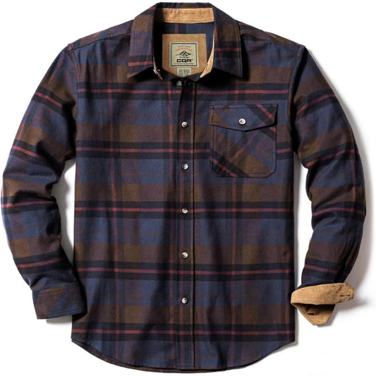 CQR Men's All Cotton Flannel Shirt - Long Sleeve Casual Button Up Plaid