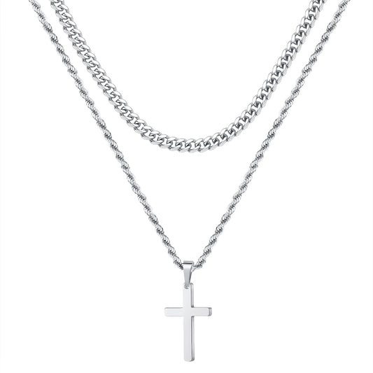 Collier croix multicouche Ursteel pour homme – Or 18 carats, argent, acier inoxydable noir – Pendentif croix élégant en chaîne torsadée, 16 à 24 pouces