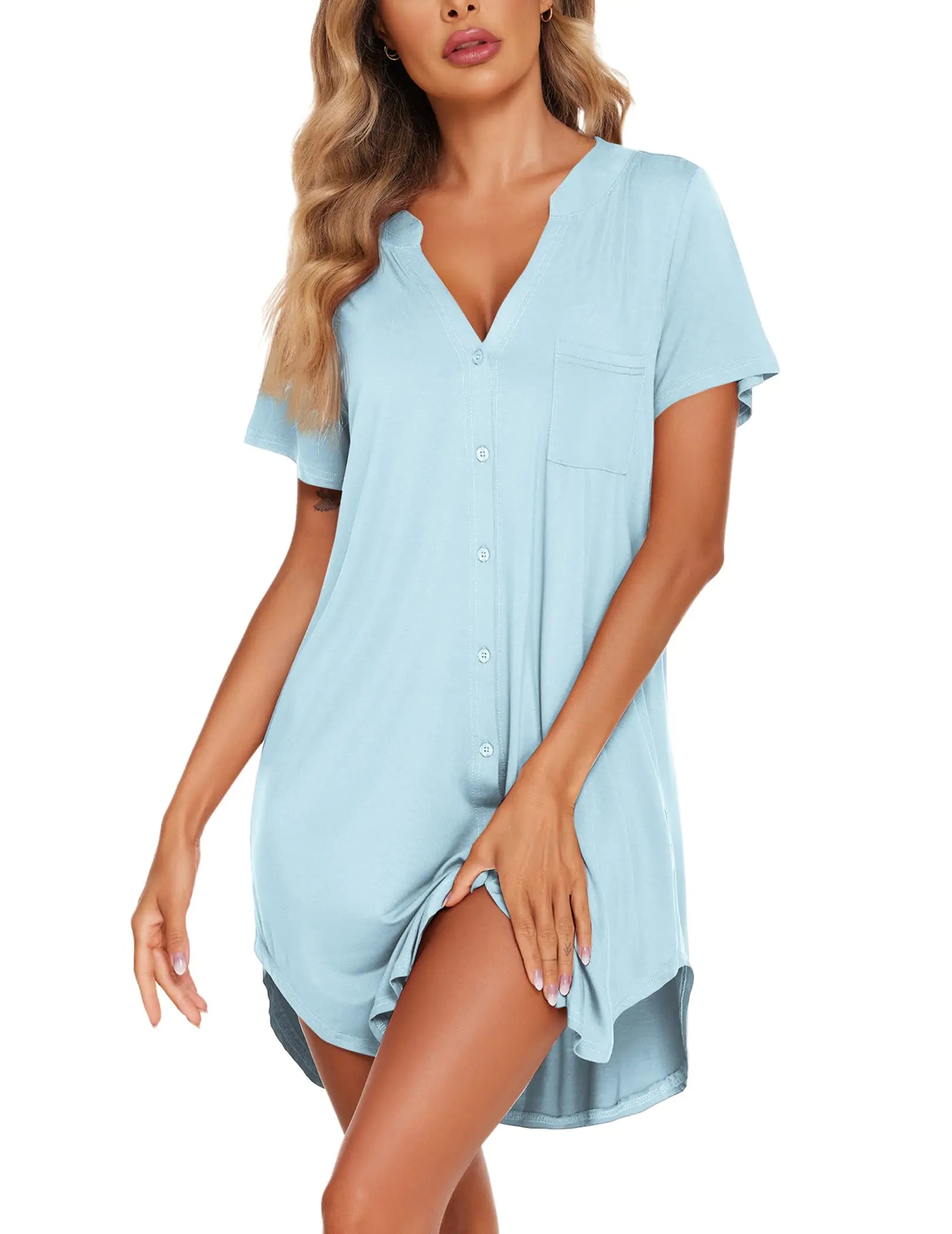 Ekouaer Women V Neck Button Down Nightgown Light Blue Small - Vivareflex Online