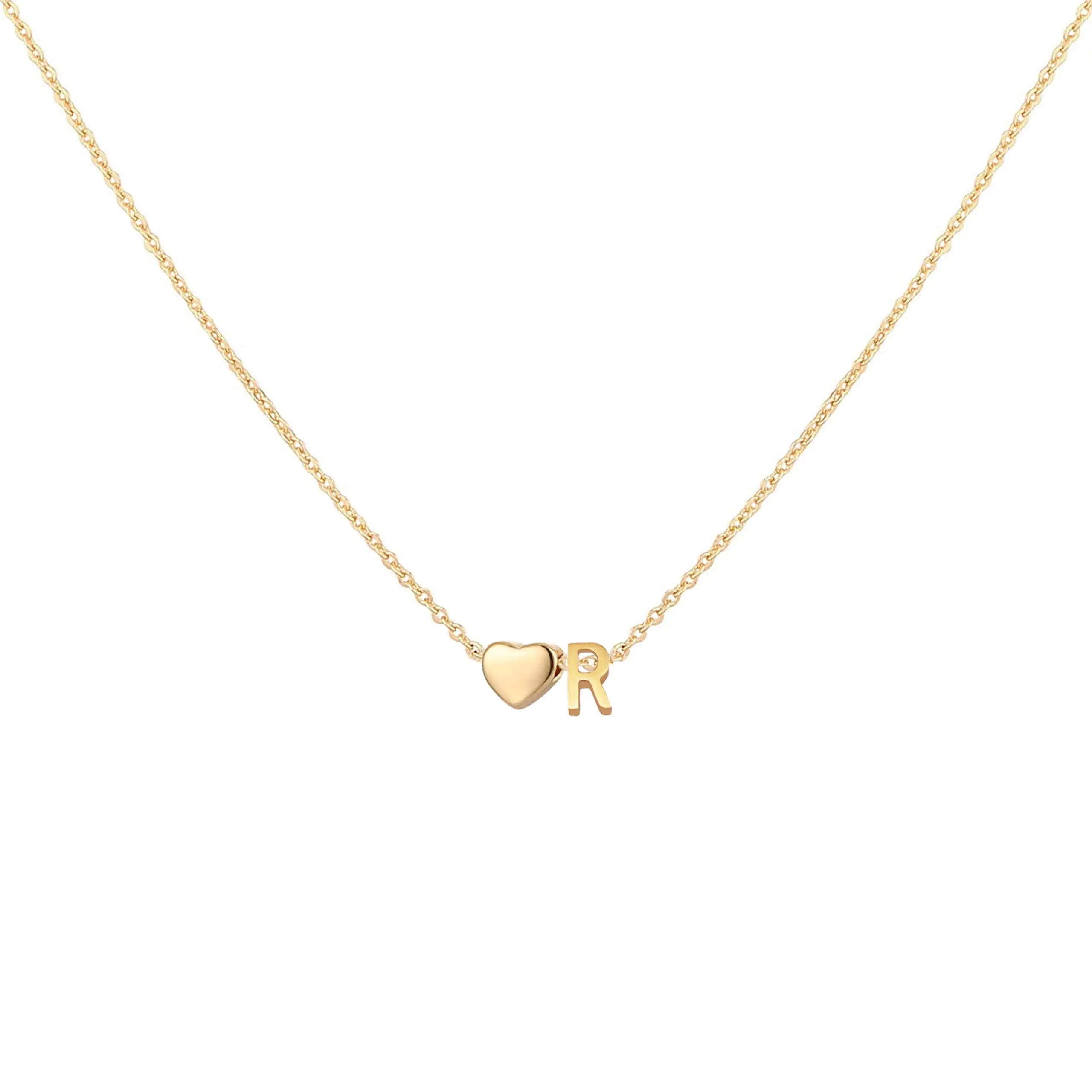 Collier initial en forme de cœur Glimmerst, collier en acier inoxydable plaqué or 18 carats avec petit cœur et monogramme personnalisé pour femme R