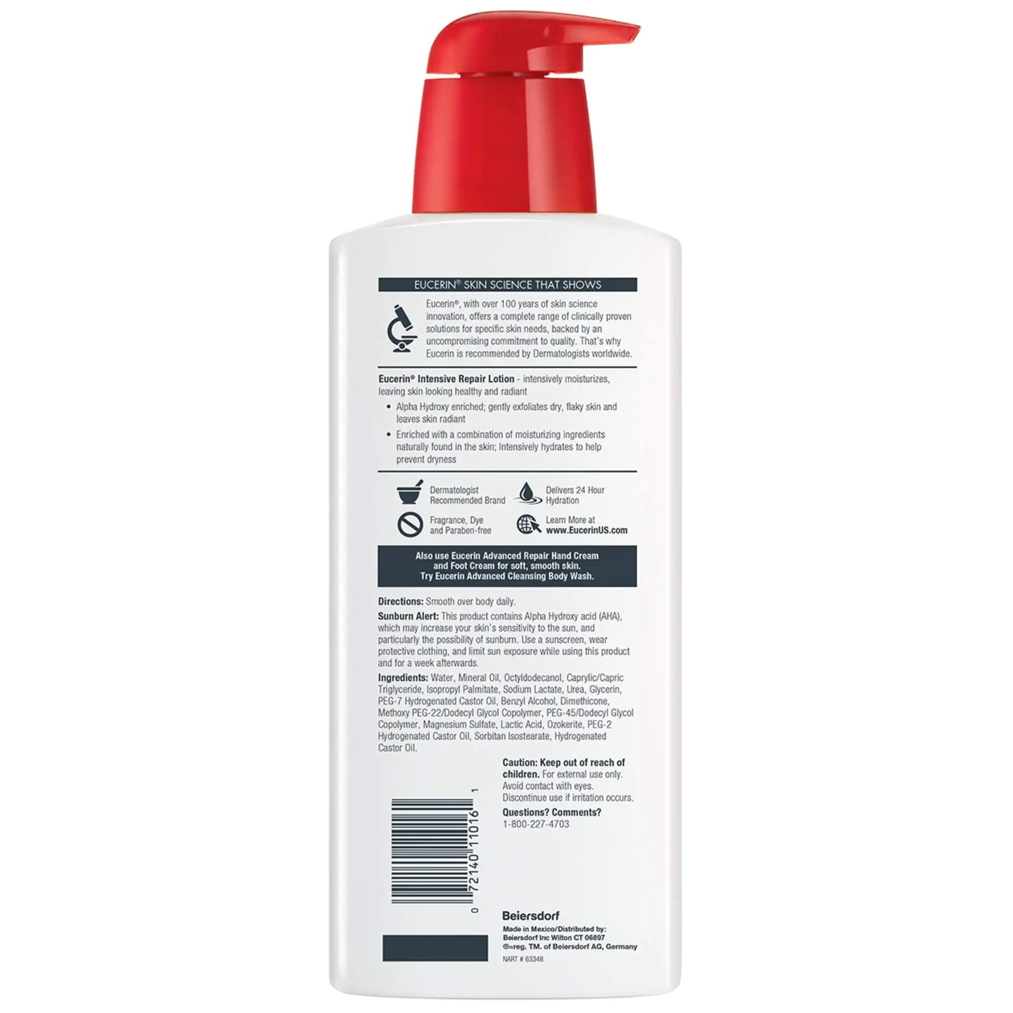 Lotion corporelle réparatrice intensive Eucerin pour peaux très sèches et squameuses, hydratant corporel sans parfum avec alpha-hydroxy, flacon de 16,9 fl oz