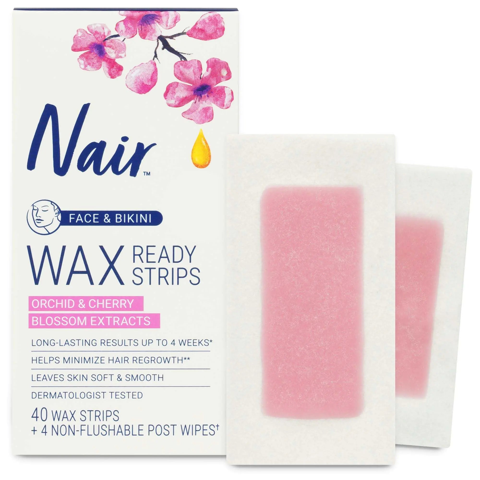 Nair Hair Remover Wax Ready Strips, Face and Bikini Hair Removal Wax Strips, 40 Count Normal