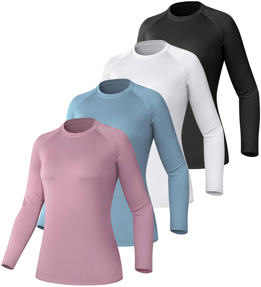 TELALEO Lot de 4 t-shirts de compression à manches longues pour femme - Haut de sport à manches longues - Noir + gris + bleu + violet