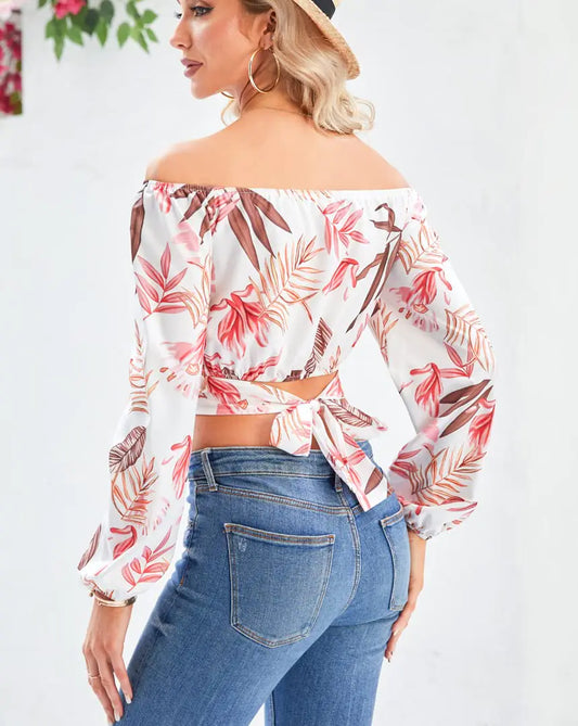 MIRACMODA Woman Off Shoulder Ruched Tie Back Crop Top Summer Lantern Sleeve Boho Shirt Blouse Large Leaves - Vivareflex Online