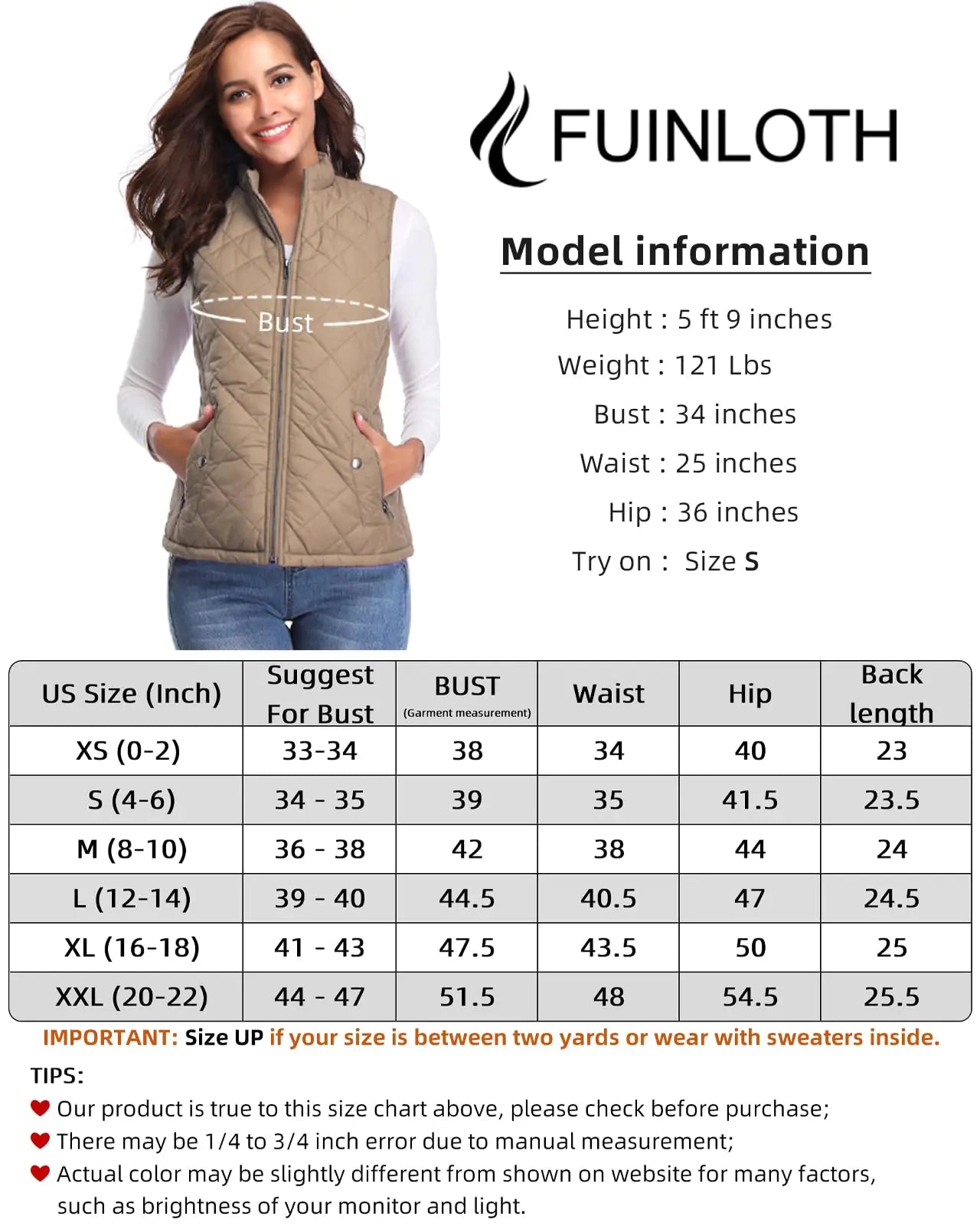 Fuinloth Women's Quilted Vest, Stand Collar Lightweight Zip Padded Gilet Small Khaki - Vivareflex Online