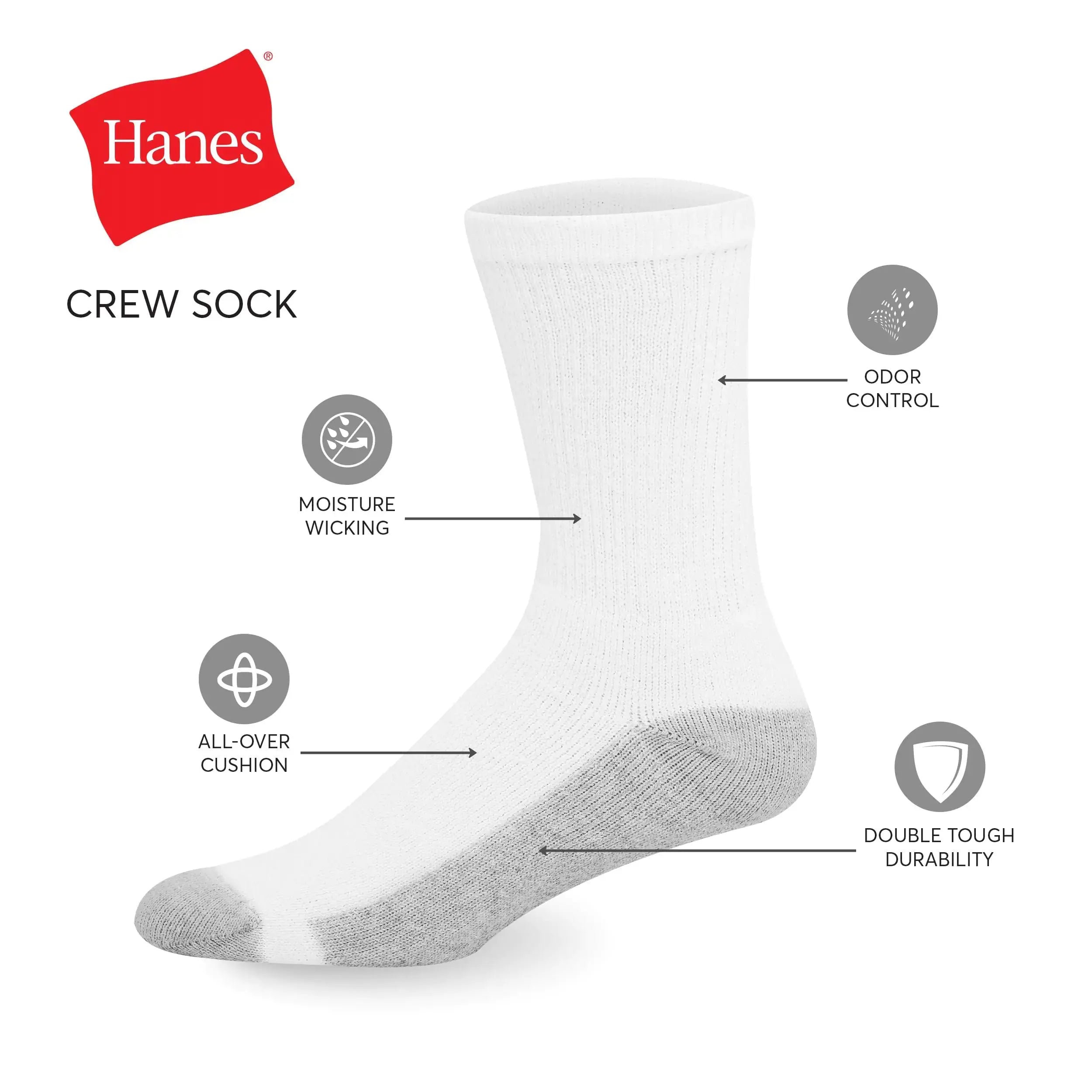 Hanes Men's Double Tough Crew Socks, 12-Pair Pack 12-14 White/ Grey Foot Bottom - 12 Pack - Vivareflex Online