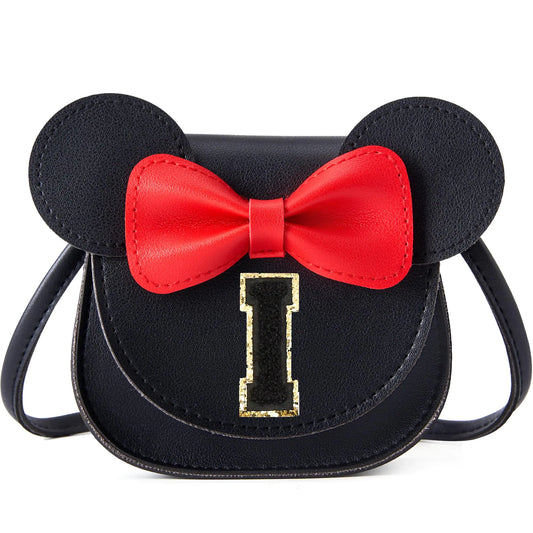 Cadeaux de sac à main pour tout-petits pour filles, sac à main pour petite fille, portefeuille pour enfants, sac à bandoulière, jouets, cadeau d'anniversaire pour fille, noir-noir, initiale I