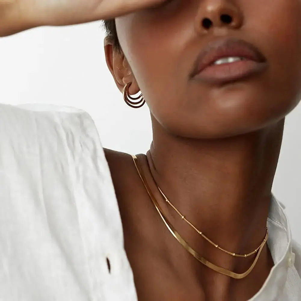 Herringbone Gold Necklace for Women – 14k Gold Plated Snake & Figaro Chain Choker, Dainty Layered Jewelry Gift - Vivareflex Online