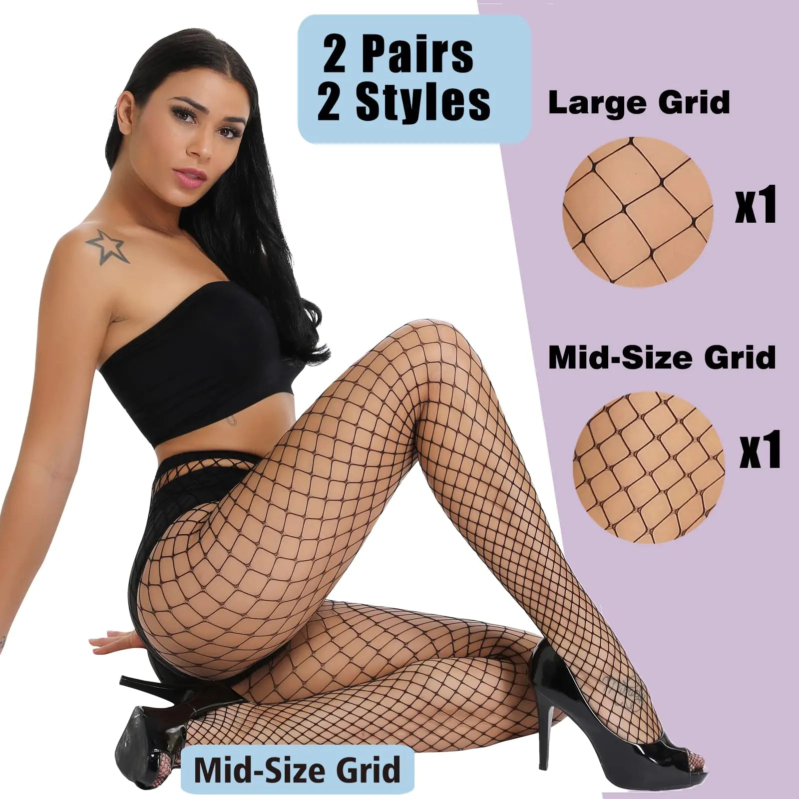 Akiido Bas résille, collants taille haute pour femme, bas résille à strass scintillants, bas en maille strass, taille unique, noir 04-2 paires, grille large et moyenne