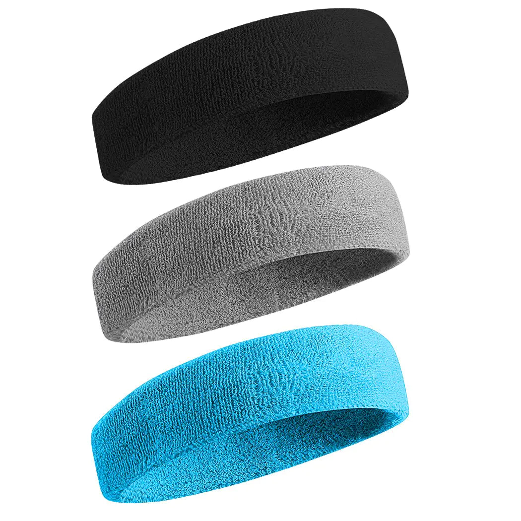 Bandas para el sudor BEACE para la cabeza deportivas para hombres y mujeres - Banda para el sudor de algodón de rizo que absorbe la humedad para tenis, baloncesto, correr, gimnasio, hacer ejercicio en negro, gris y azul 