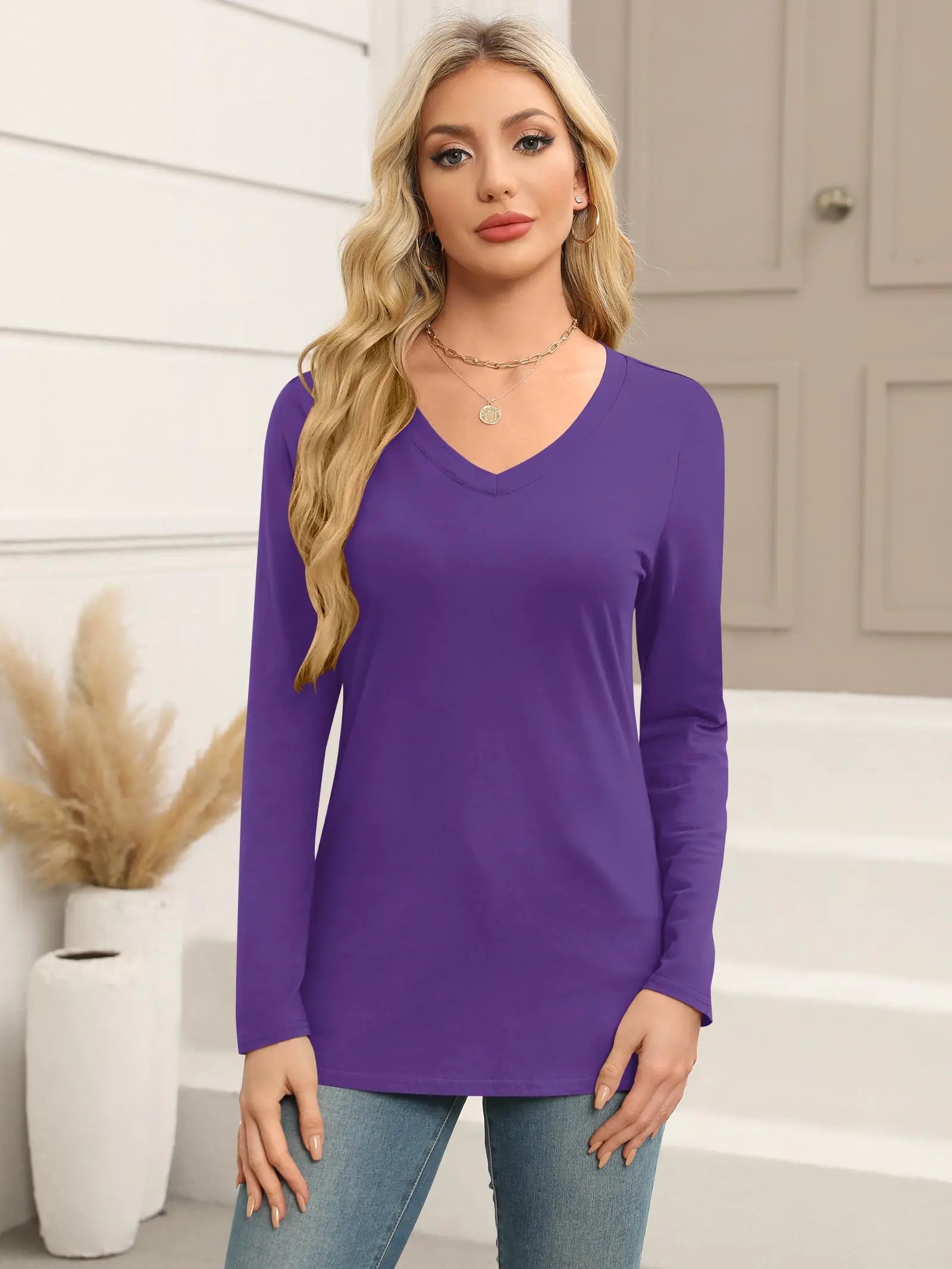 Elesomo Women Shirts V Neck Short/Long Sleeve Cotton Tops T-Shirt Basic Tees Large A:purple - Vivareflex Online