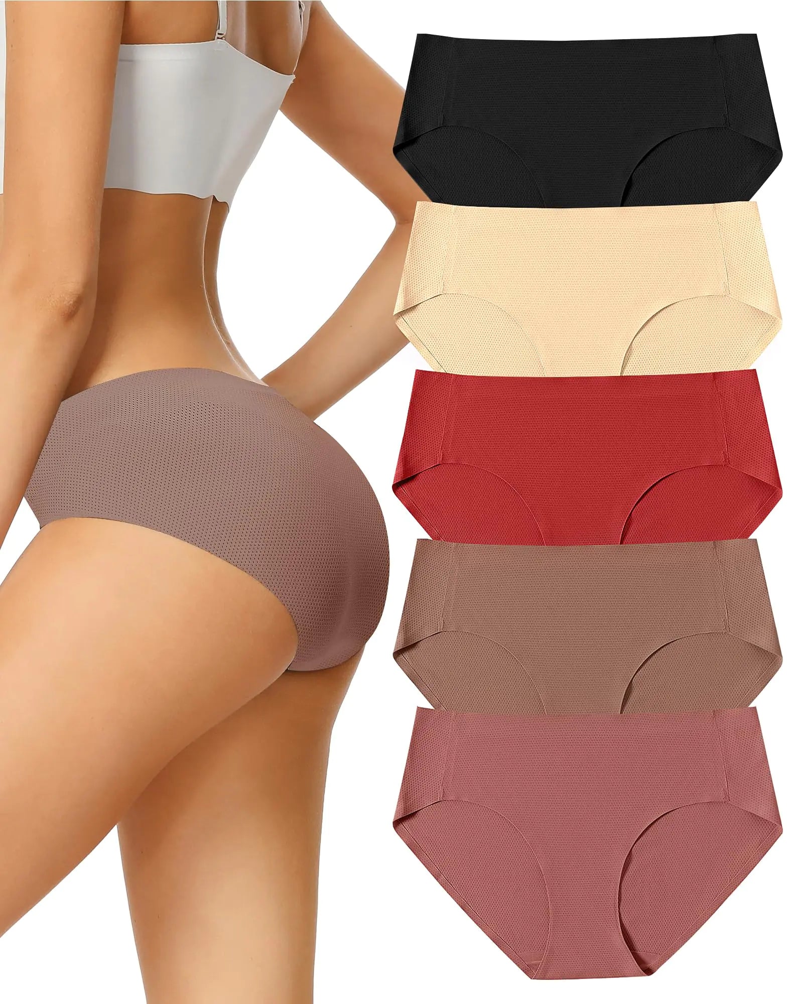 voenxe Ropa interior hipster sin costuras para mujer, bragas de bikini transpirables para mujer, calzoncillos invisibles, ropa interior cómoda para mujer, paquete de 5, talla extra pequeña, café 