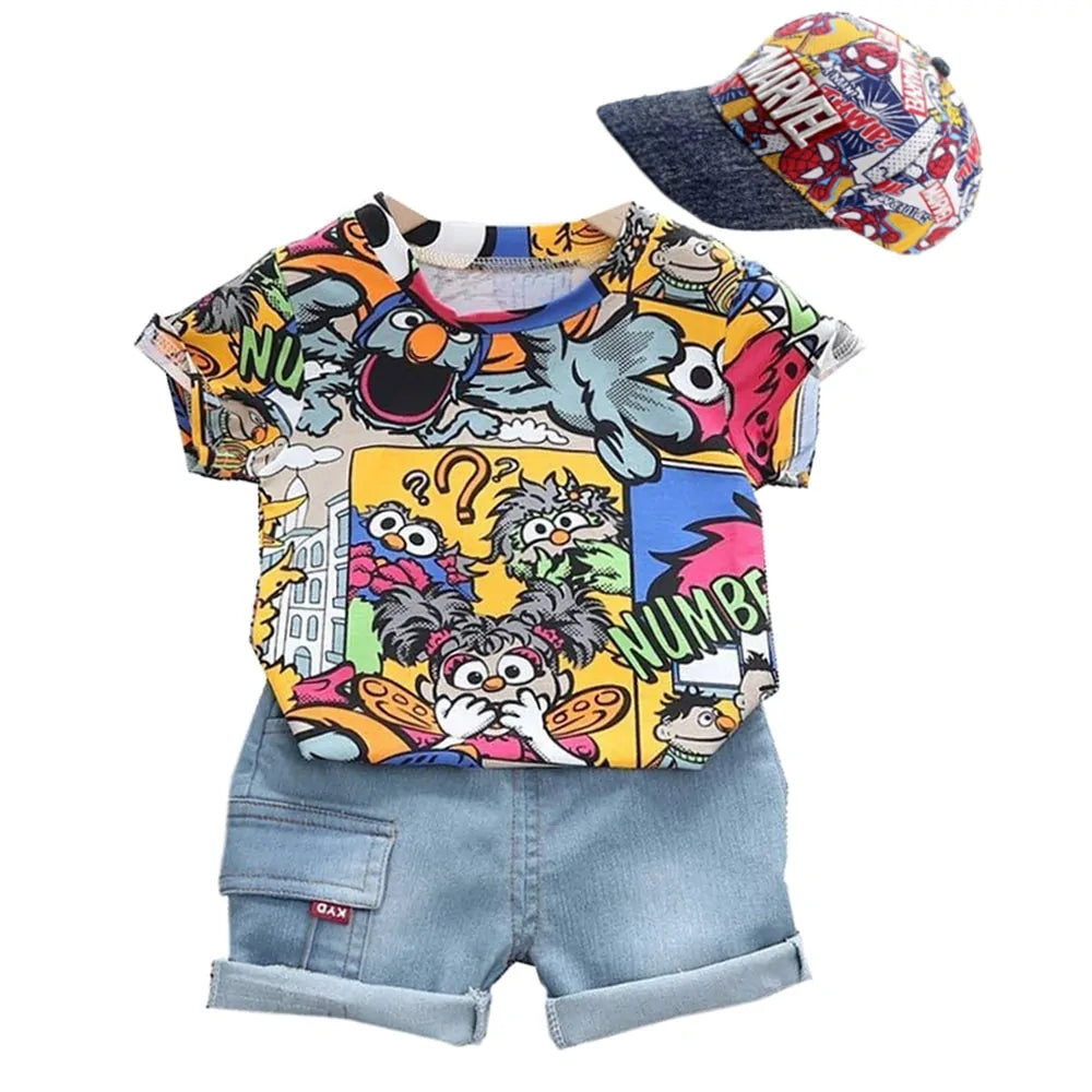 Kid Boys' Summer Graffiti Outfit with Sunhat: T-shirt & Denim Shorts Set Vivareflex Online