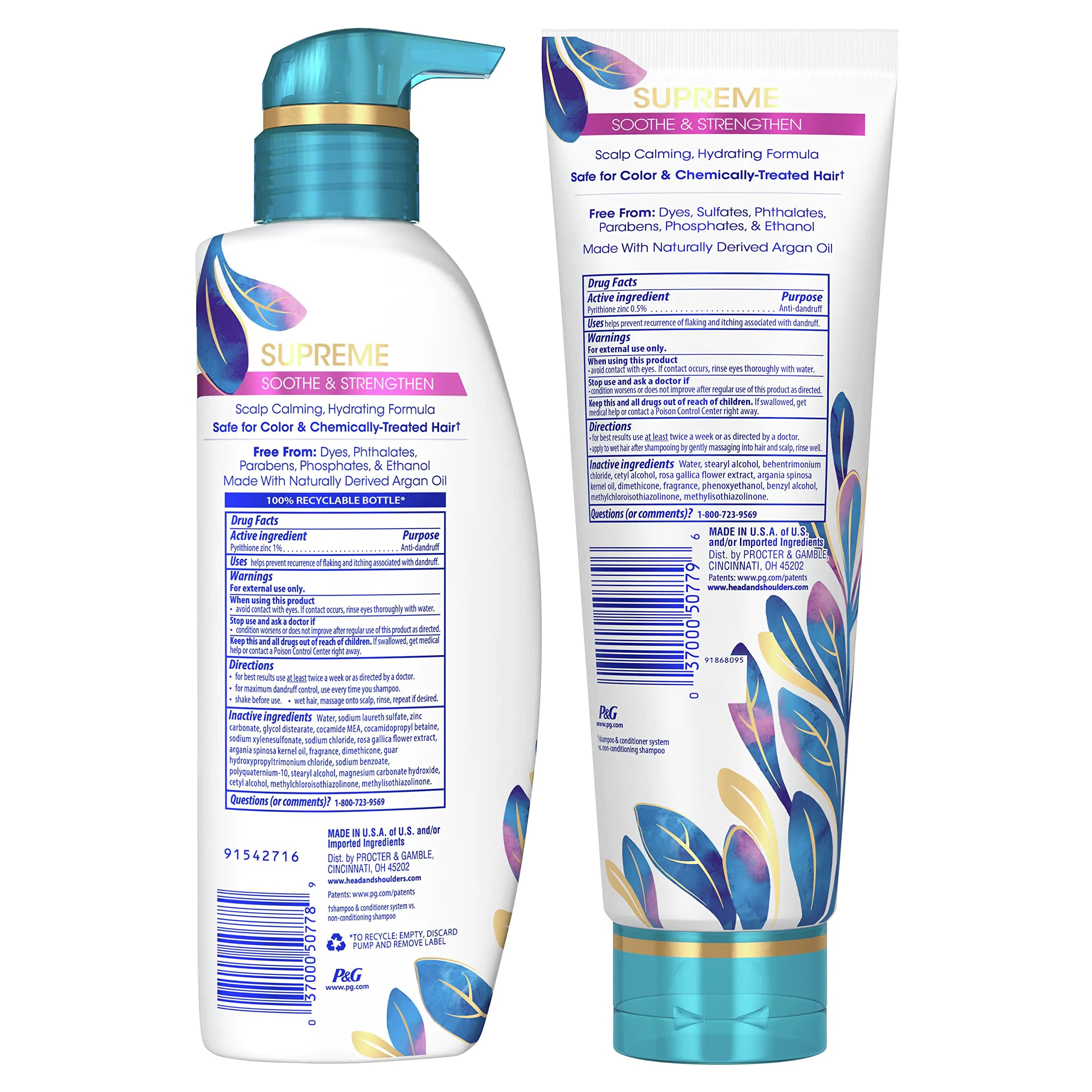 Champú y acondicionador sin sulfatos Head & Shoulders Supreme para el tratamiento del cuero cabelludo seco y la caspa, suaviza y fortalece con aceite de argán y esencia de rosa, 21,2 onzas líquidas 