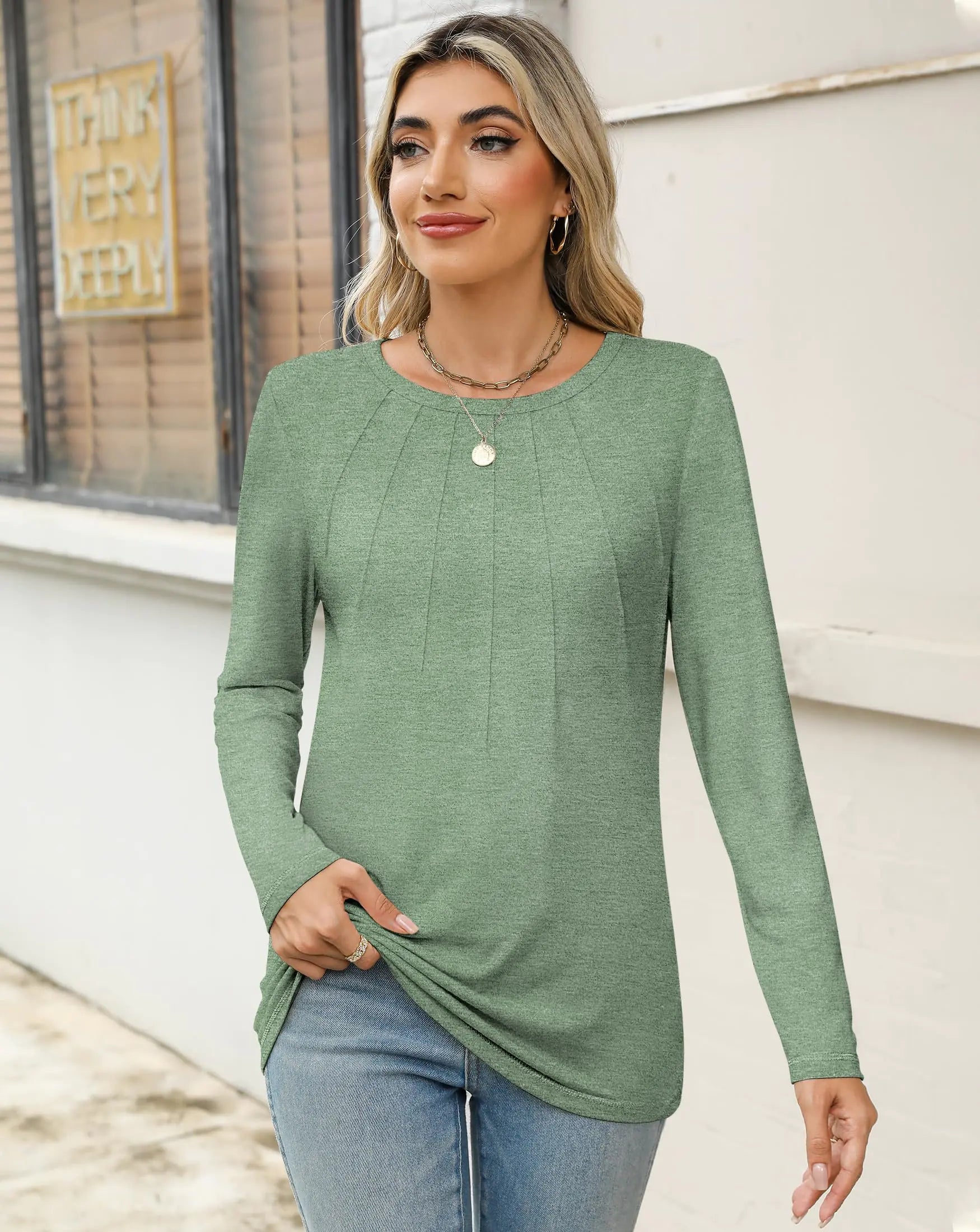 Camisas de manga larga para mujer, blusas tipo túnica plisadas, blusas casuales elegantes y holgadas, ropa básica de moda para otoño 2024 02 Verde claro Pequeño 