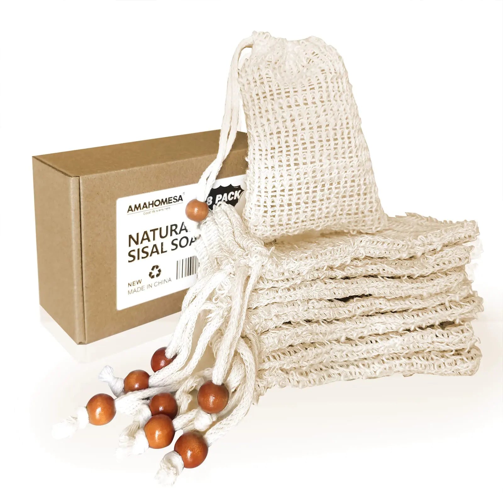 Lot de 8 sacs à savon en sisal naturel, pochette en maille pour exfolier, mousser et sécher le savon pour la douche, beige (8 paquets)