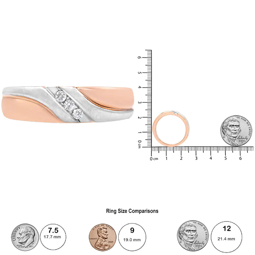 10K White and Rose Gold 1/10 Cttw 3-Stone Tension Slant Band Matte Finish Ring for Men (I-J Color, I2-I3 Clarity) Vivareflex Online