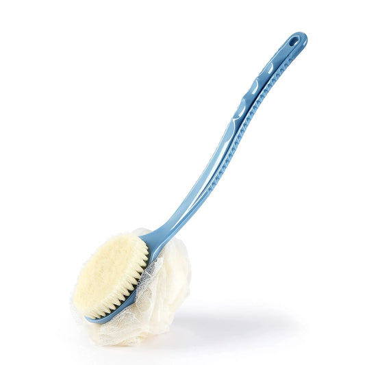 Brosse de douche pour le corps avec poils et luffa - Brosse exfoliante pour le dos avec long manche incurvé (bleu)