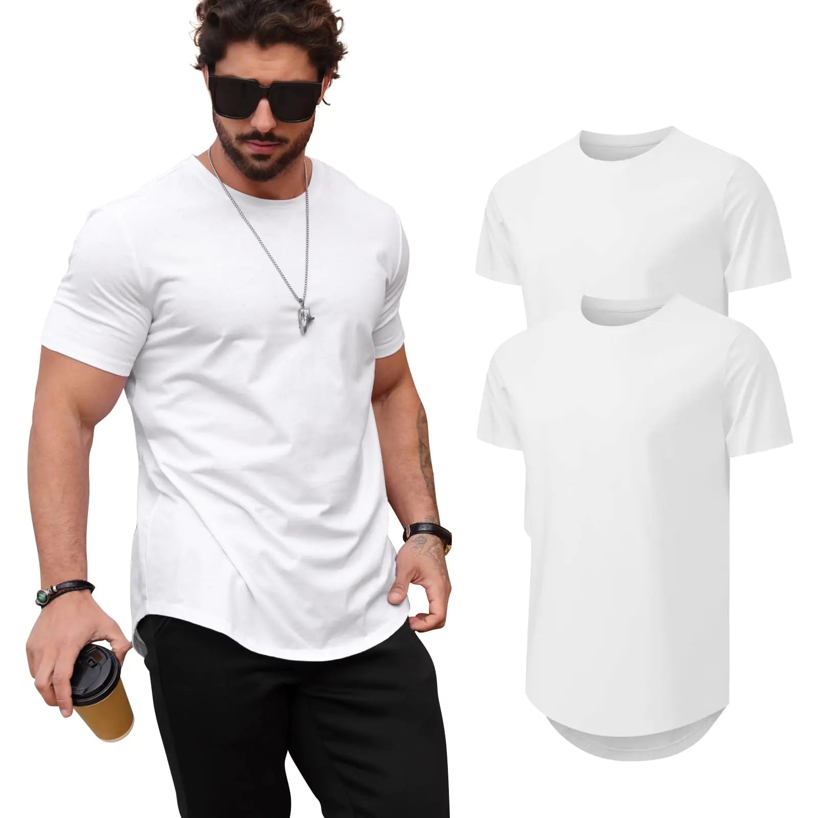 Mens T Shirts Casual Hipster Hip Hop Longline Crewneck Tee Shirts 2-white/White（2pack） 4X-Large