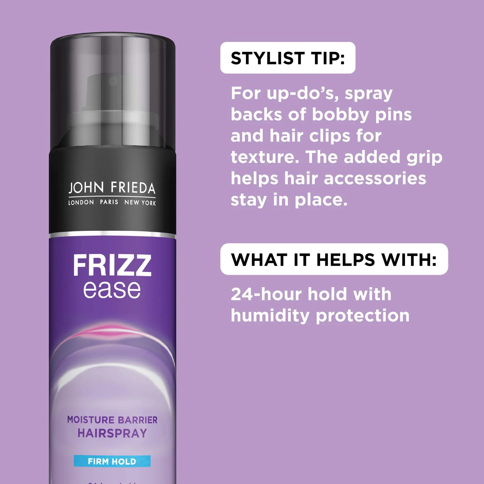 John Frieda Anti Frizz, Frizz Ease Firm Hold Hairspray, Spray antihumedad para el cabello, para una fijación de 24 horas, 12 oz, paquete de 2 12 onzas (paquete de 2) 