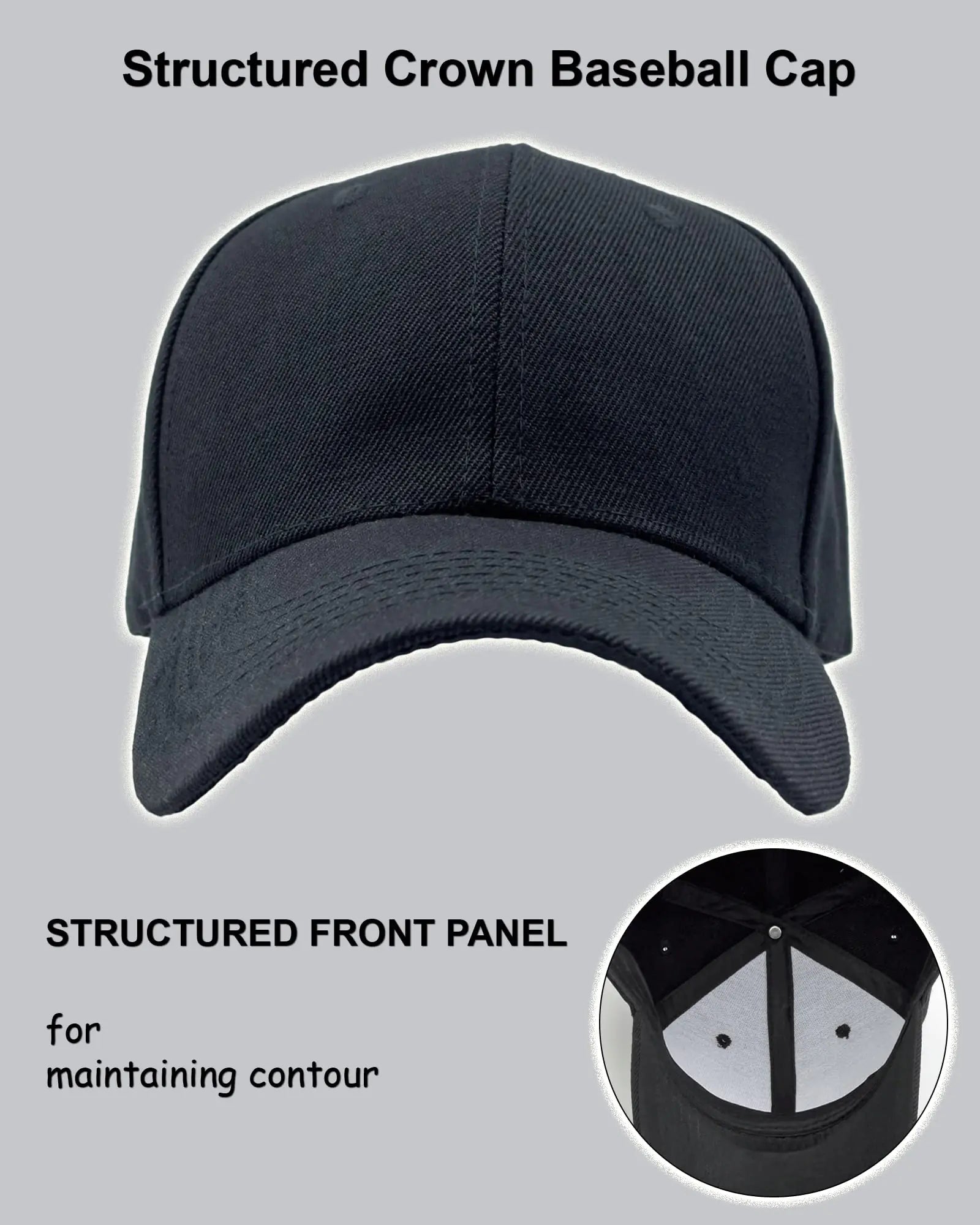 Casquette de baseball structurée avec fermeture réglable - Chapeau de performance pour activités de plein air et broderie personnalisée 1 pièce Noir