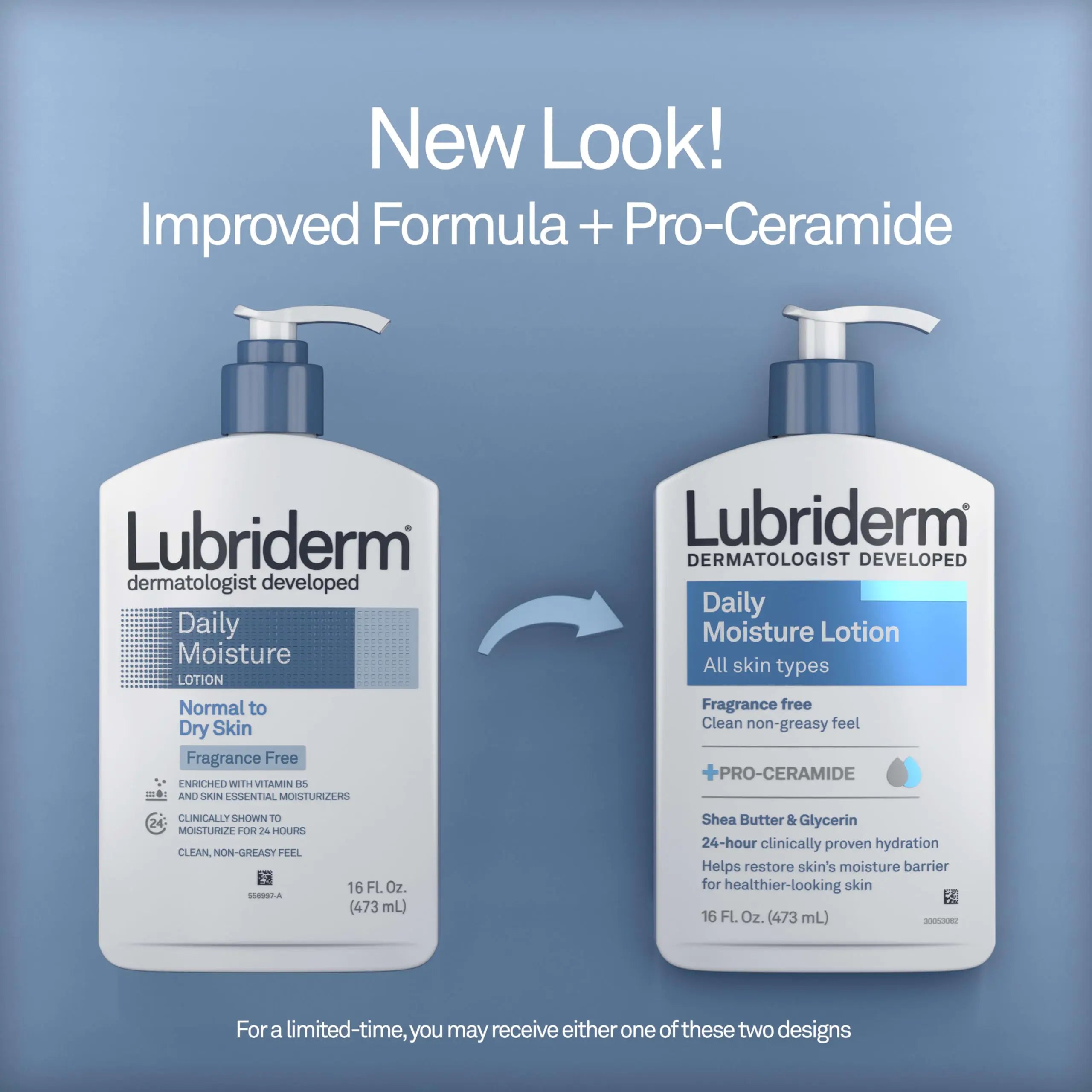 Loción hidratante diaria sin fragancia Lubriderm + Pro-ceramida, manteca de karité y glicerina, loción para rostro, manos y cuerpo para pieles sensibles, loción hidratante para una piel de aspecto más saludable, 16 fl. oz 