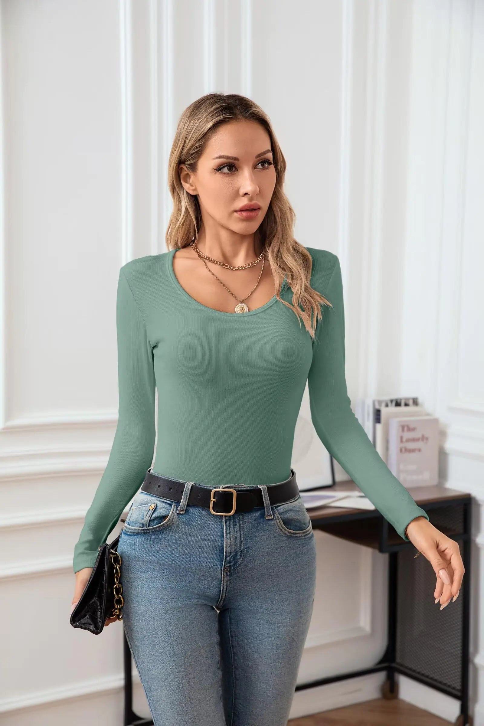 VICHYIE Summer Women's Scoop Neck Short Sleeve Shirts Ribbed Slim Fitted Casual Basic Top Blouses Long Sleeve Small Long-light Green