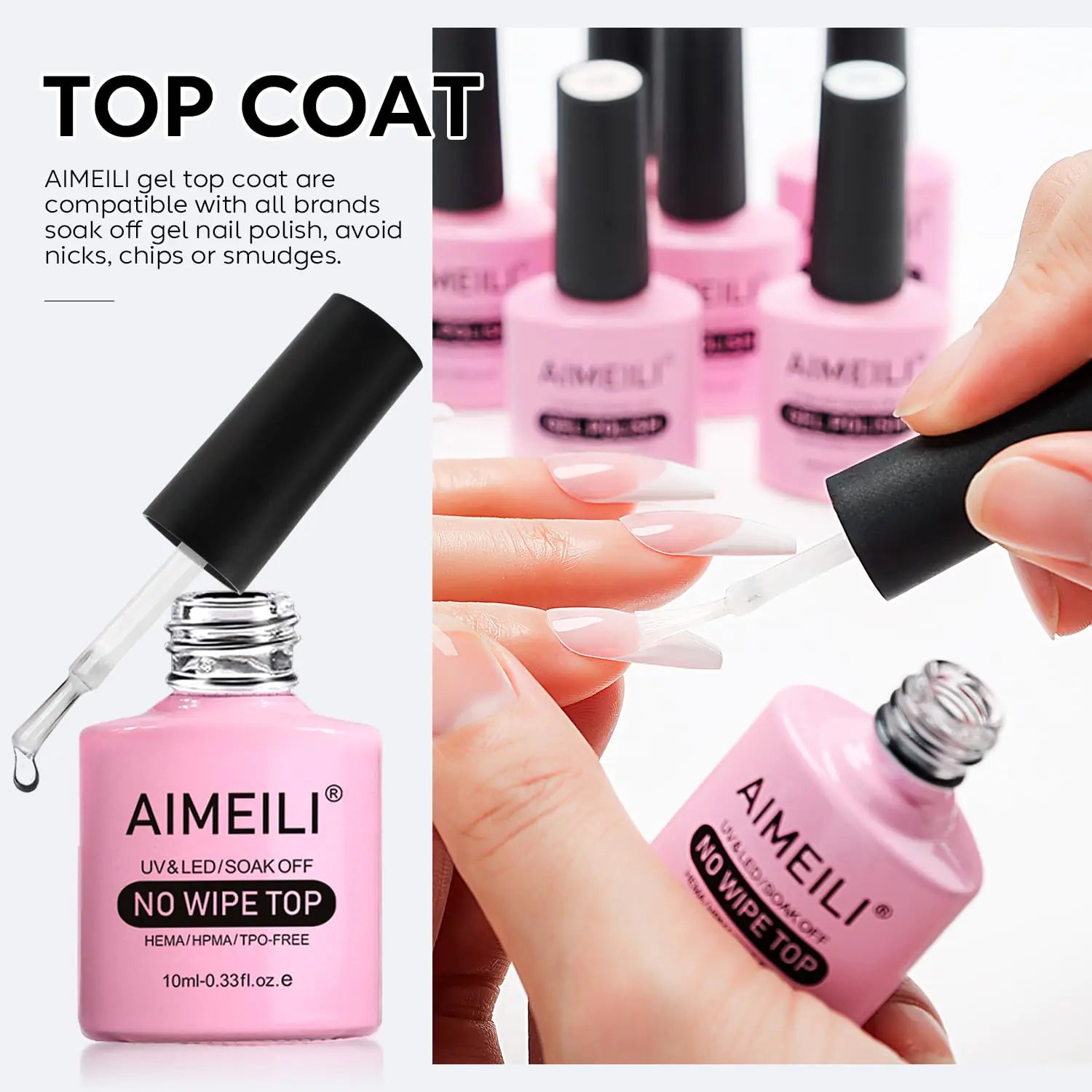 Vernis à ongles gel AIMEILI, ensemble de base et de top coat sans essuyage, finition brillante et longue durée, vernis à ongles gel à tremper - 2 x 10 ml