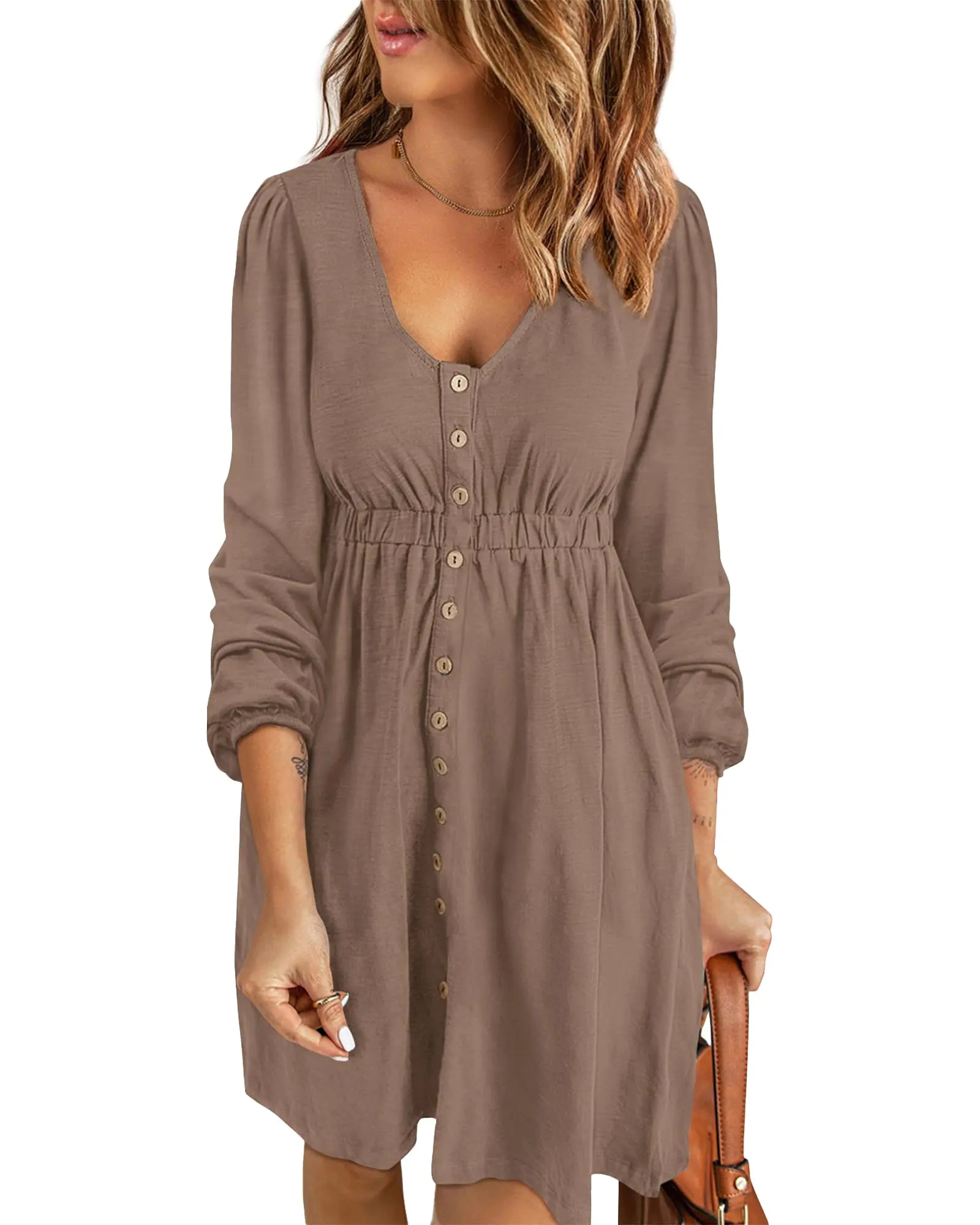 BTFBM Women 2024 Casual Button Down Summer Fall Dresses Long Sleeve Crew Neck Solid High Waist Short Tunic Mini Dress X-Large Long Buttons Dark Khaki